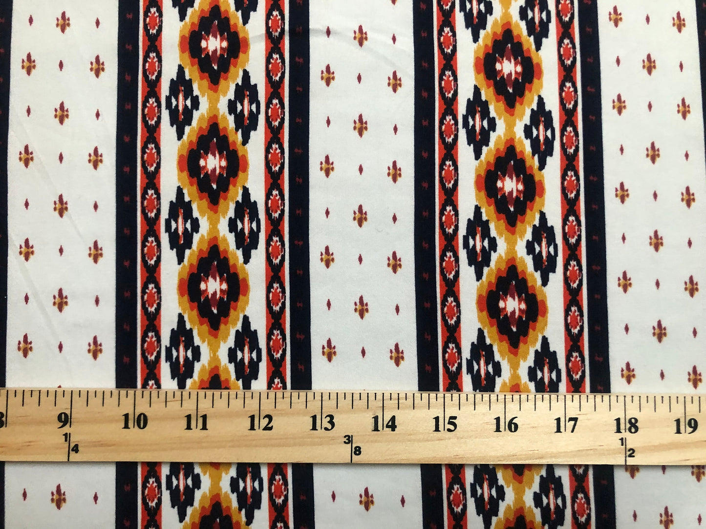 DTY Brushed Knit Fabric – Boho Ivory Saffron Border Ikat Stripe – 4-Way Stretch, 58" Wide, 180 GSM – Sold by the Yard (DTYBPR281)