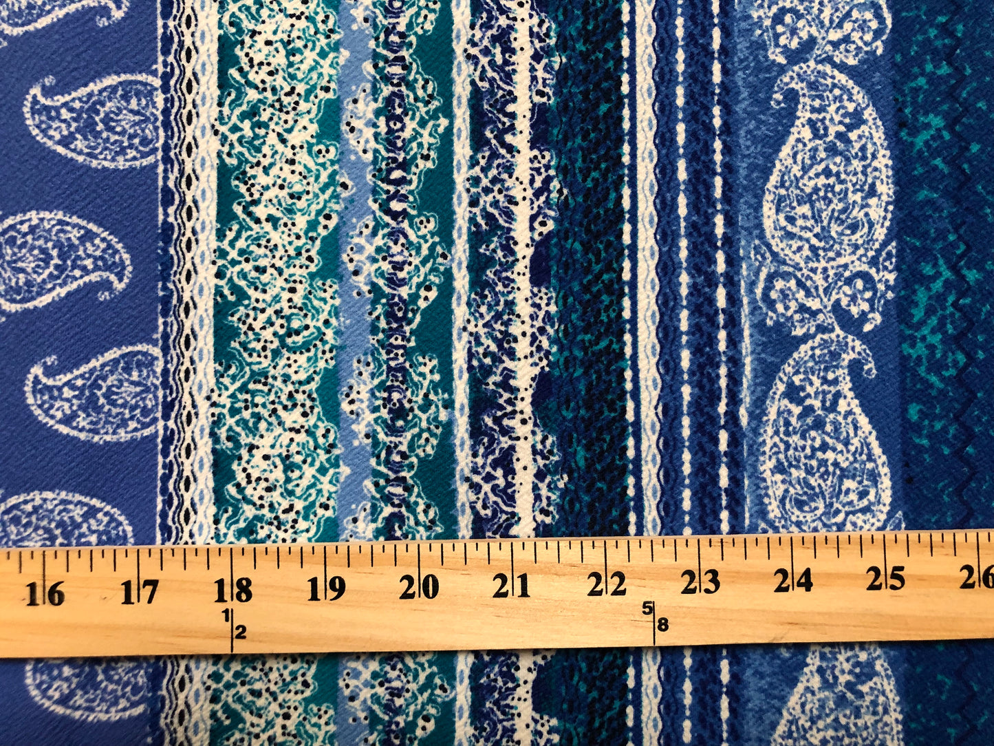Liverpool Knit — Royal Blue & White Paisley Teal Borders — 56″ Wide, 200 GSM, 4-Way Stretch — Sold by the Yard (LVPR232)