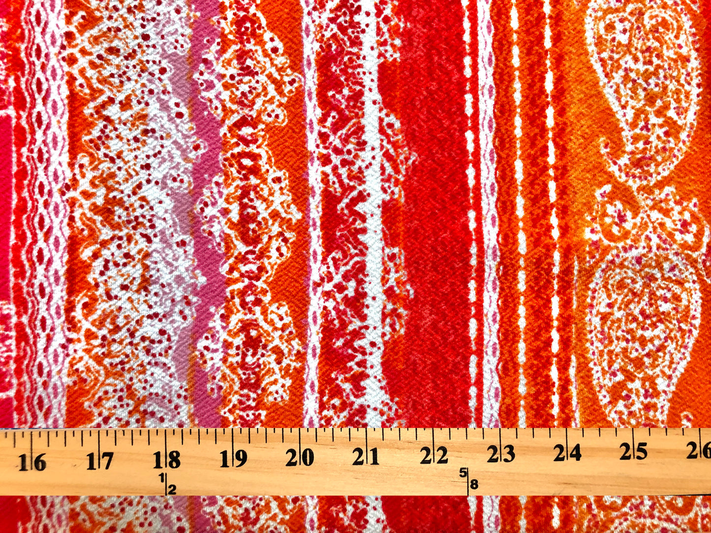 Liverpool Knit — Raspberry Red & White Paisley Orange Borders — 56″ Wide, 200 GSM, 4-Way Stretch — Sold by the Yard (LVPR233)