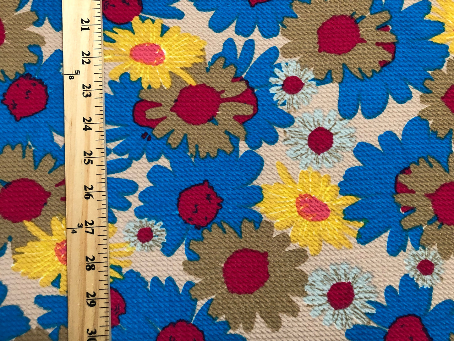 Premium Bullet Knit Fabric – Blue, Beige & Yellow Daisy Floral Print, 56″ Wide, Sold by the Yard (BPR243)