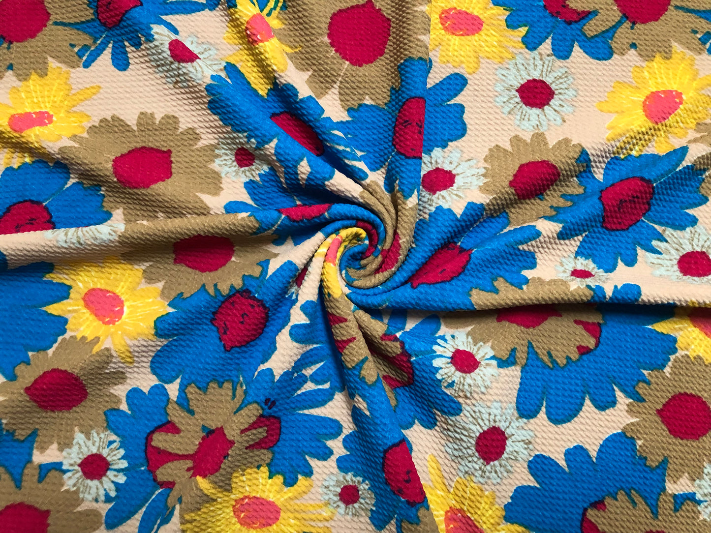 Bullet Knit Printed Fabric-Blue Brown Sunflowers-BPR243-Sold by the Yard