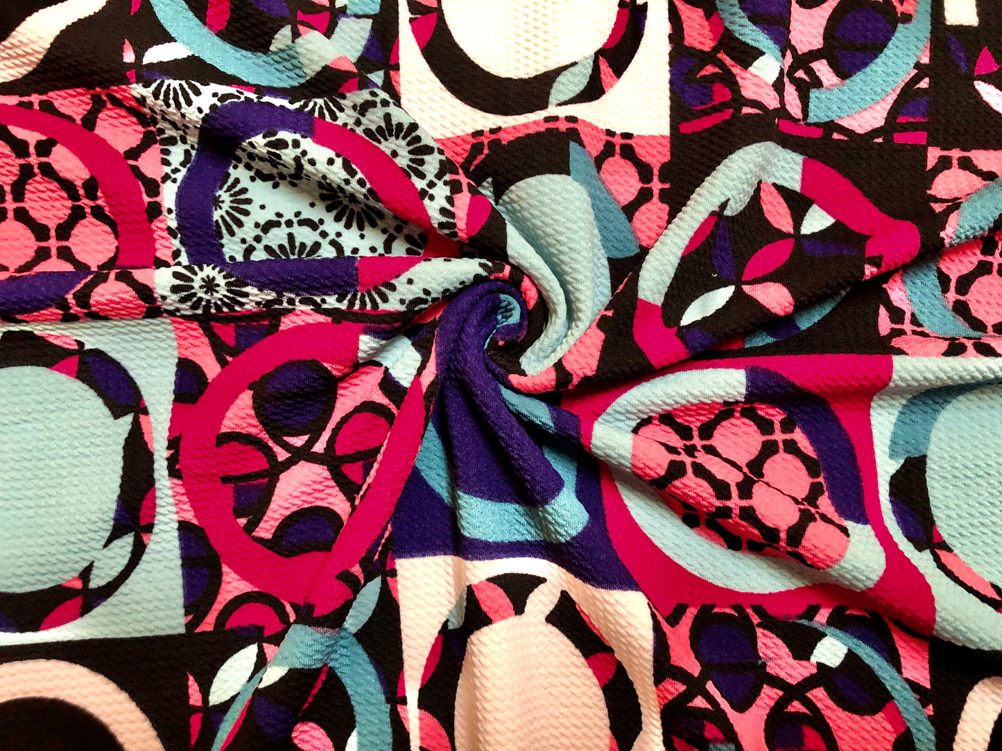 Bullet Knit Printed Fabric-Raspberry Purple Blue Black Geometric-BPR246-Sold by the Yard