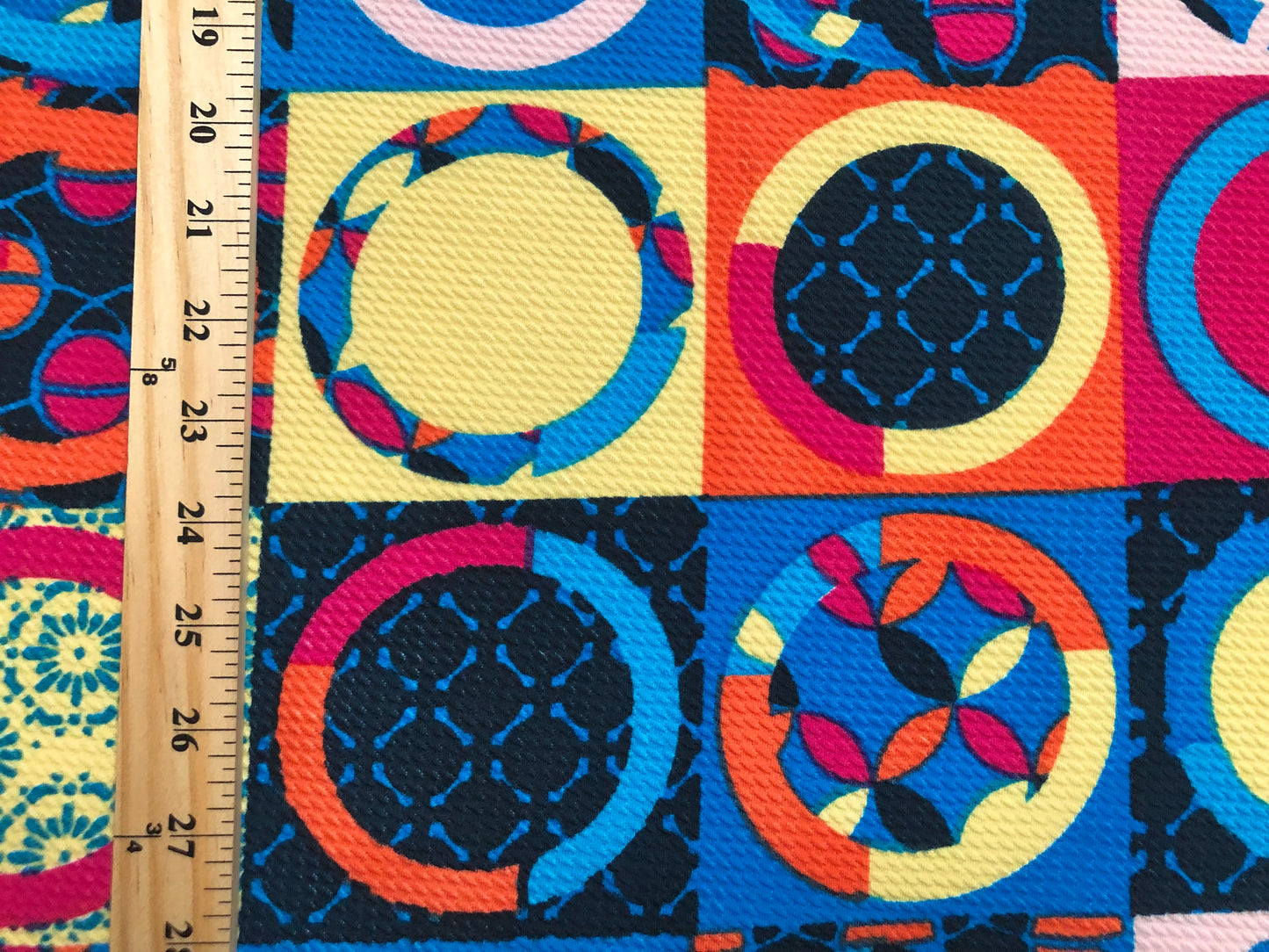 Premium Bullet Knit Fabric – Yellow, Orange & Red Geometric Circle Mosaic Print, 56″ Wide, Sold by the Yard (BPR248)