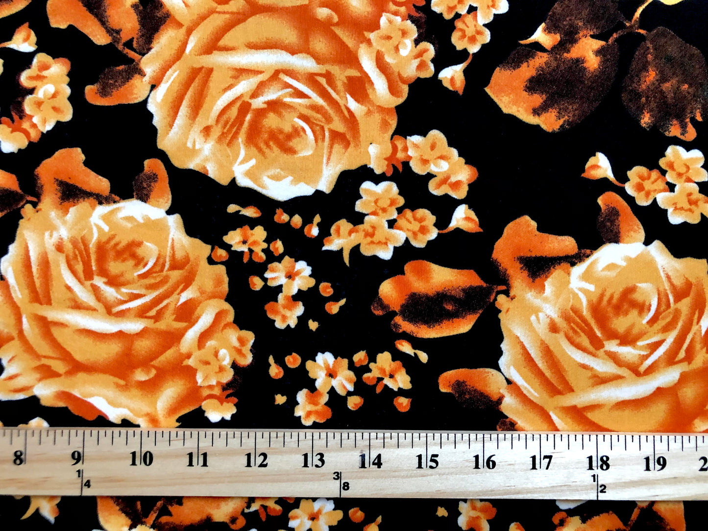DTY Brushed Fabric-Black Gold Orange Bloomed Roses-DTYBPR303-Sold by the Yard-Jersey Fabric