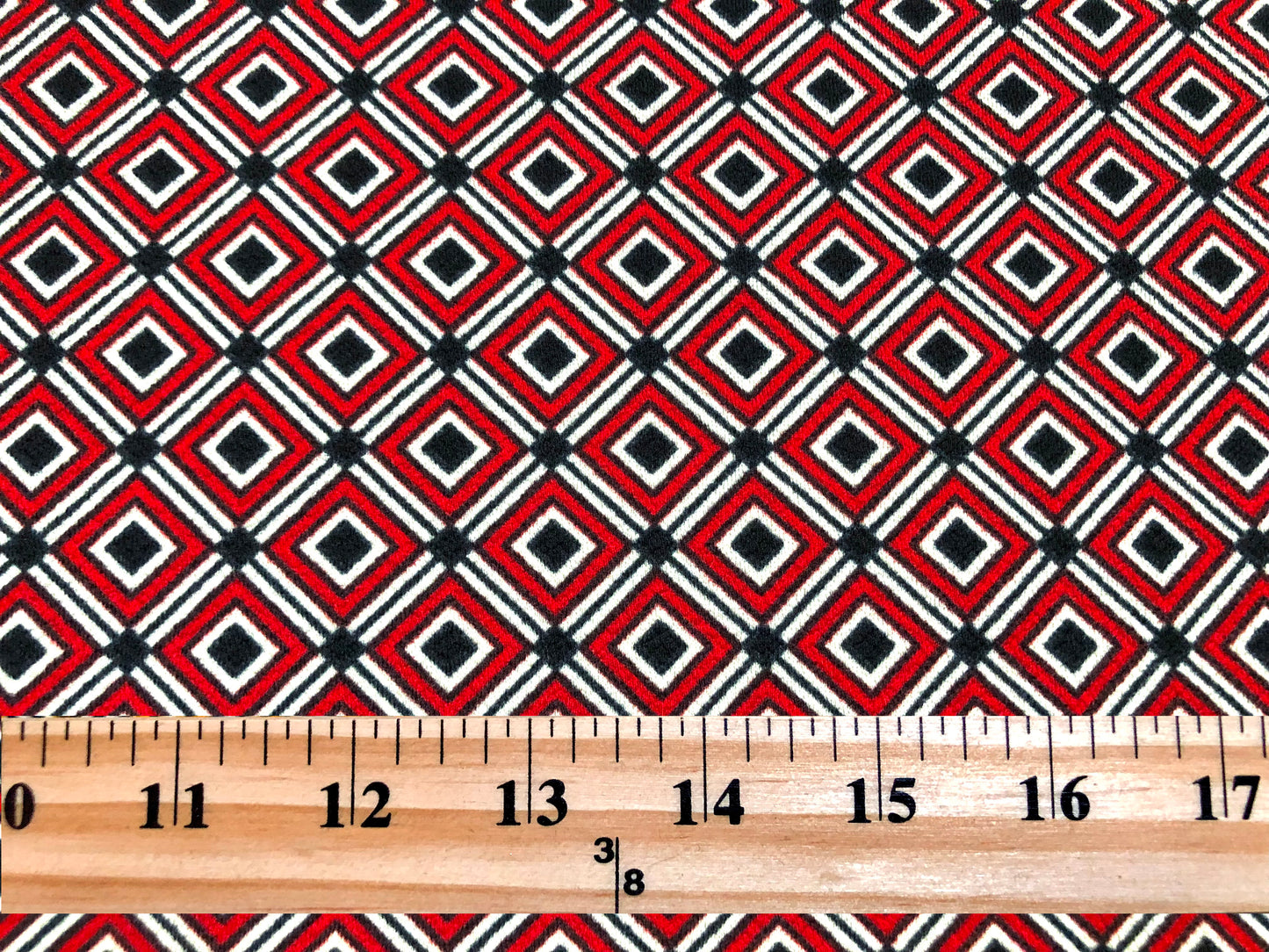 Liverpool Knit — Red & Black Geometric Diamond Lattice — 56″ Wide, 200 GSM, 4-Way Stretch — Sold by the Yard (LVPR239)