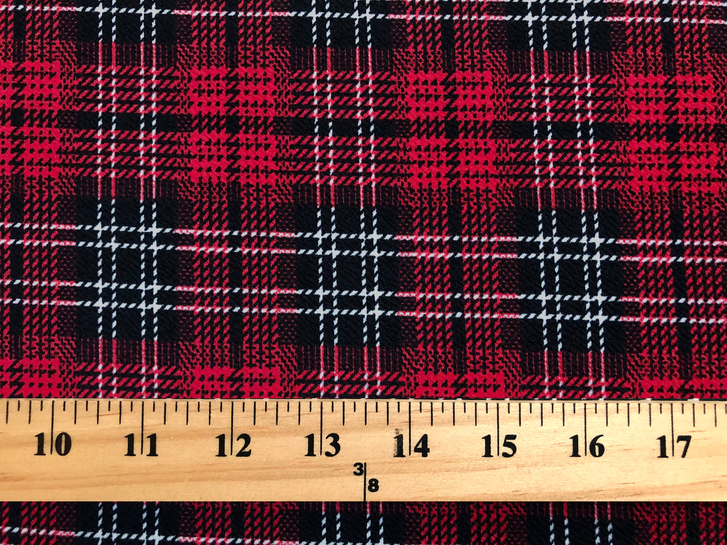 Liverpool Knit — Red & Black Tartan Plaid — 56″ Wide, 200 GSM, 4-Way Stretch — Sold by the Yard (LVPR360)