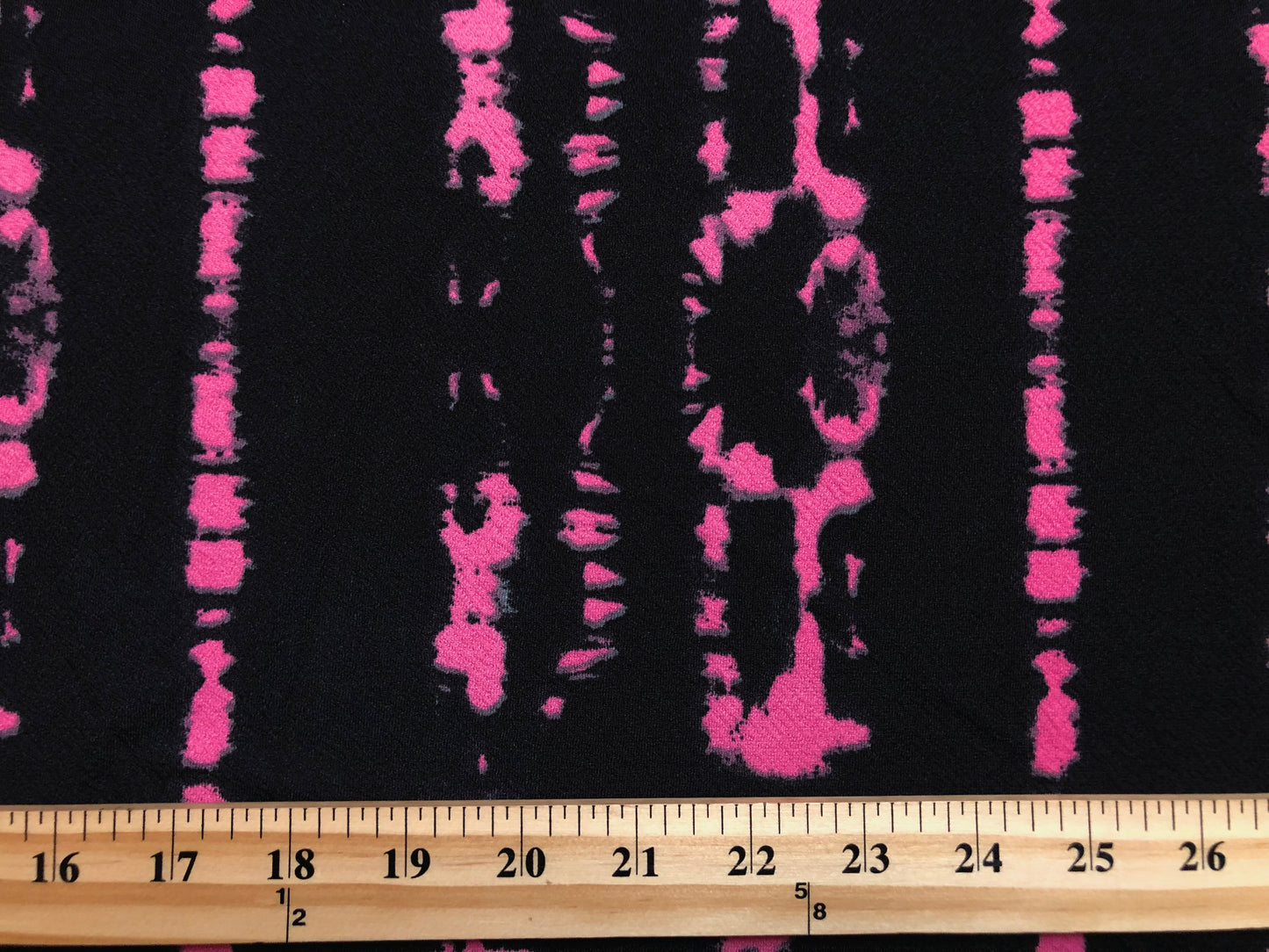 Liverpool Knit — Hot Pink Shibori Stripe on Black Ground, 56″ Wide, 200 GSM, 4-Way Stretch — Sold by the Yard (LVPR361)