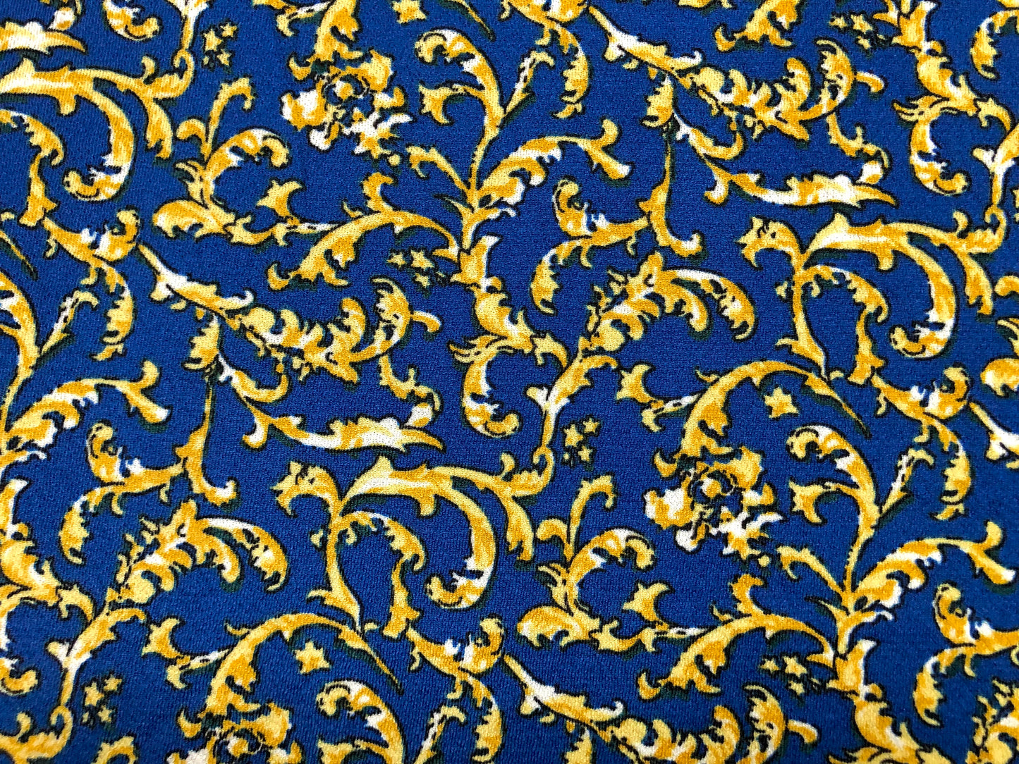 Liverpool Knit Printed Fabric-Royal Blue Yellow Gold Damask-LVPR242-Sold by the Yard-Apparel Fabric