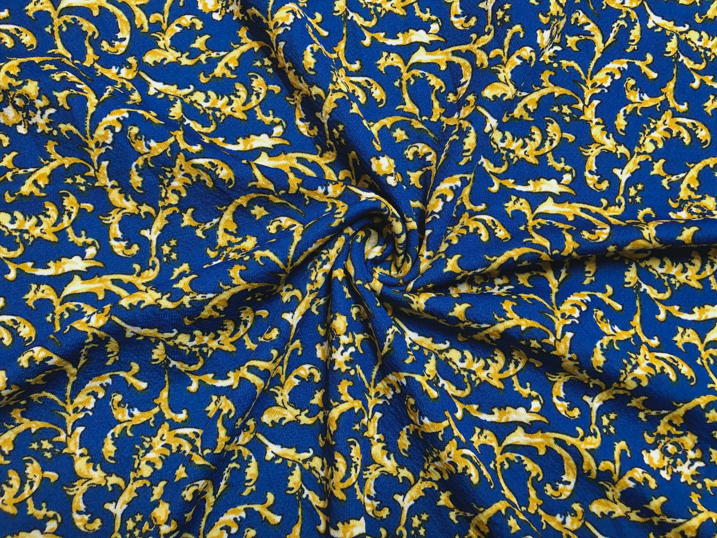 Liverpool Knit Printed Fabric-Royal Blue Yellow Gold Damask-LVPR242-Sold by the Yard-Apparel Fabric