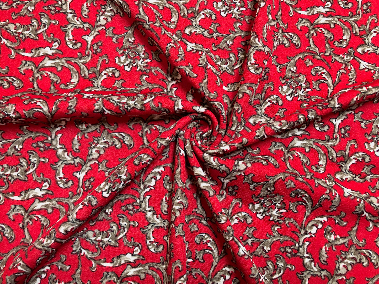 Liverpool Knit Printed Fabric-Red Brown White Damask-LVPR243-Sold by the Yard-Apparel Fabric