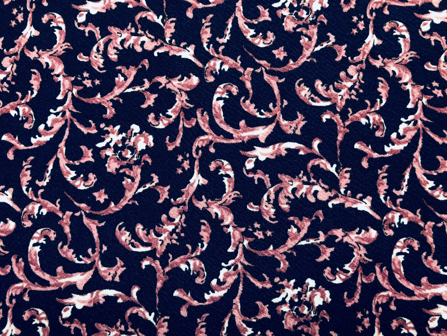 Liverpool Knit Printed Fabric-Navy Blue Mauve Damask-LVPR244-Sold by the Yard-Apparel Fabric