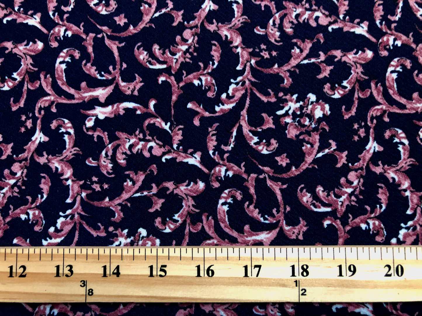 Liverpool Knit — Mauve Baroque Scroll on Navy — 56″ Wide, 200 GSM, 4-Way Stretch — Sold by the Yard (LVPR244)