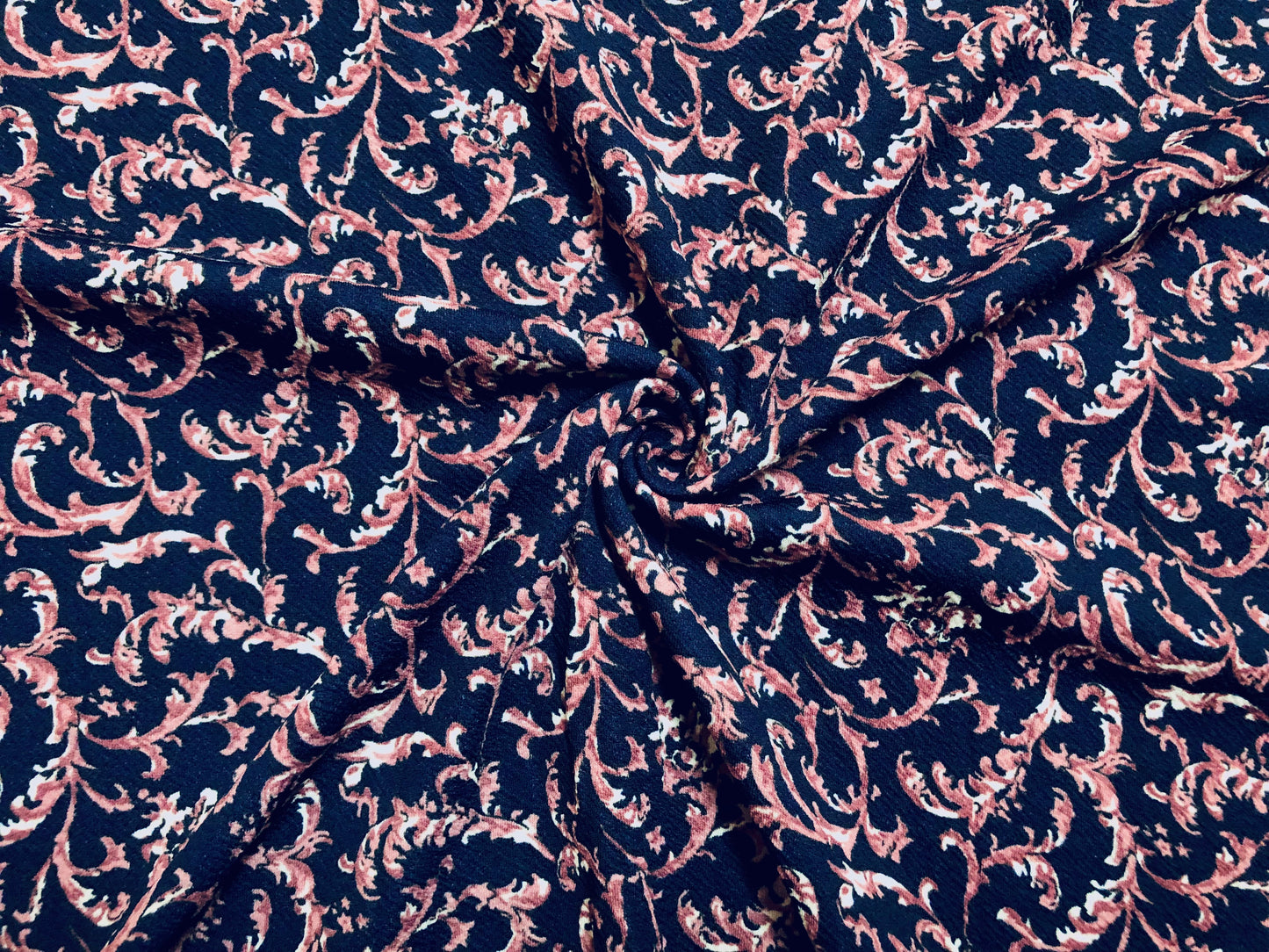 Liverpool Knit Printed Fabric-Navy Blue Mauve Damask-LVPR244-Sold by the Yard-Apparel Fabric