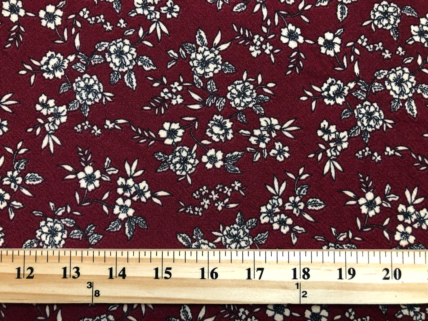 Liverpool Knit Fabric – Burgundy & Ivory Ditsy Floral – 4-Way Stretch, 56” Wide, 200 GSM – Sold by the Yard (LVPR248)