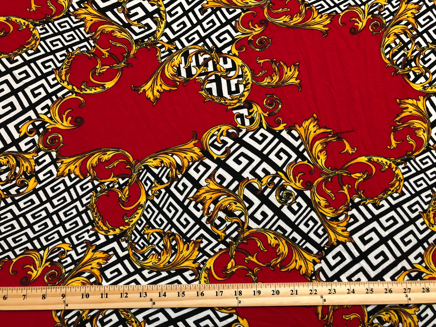 Liverpool Knit Fabric – Red & Gold Baroque Scroll on Black/White Greek Key, 4-Way Stretch, 56” Wide, 200 GSM – Sold by the Yard (LVPR263)