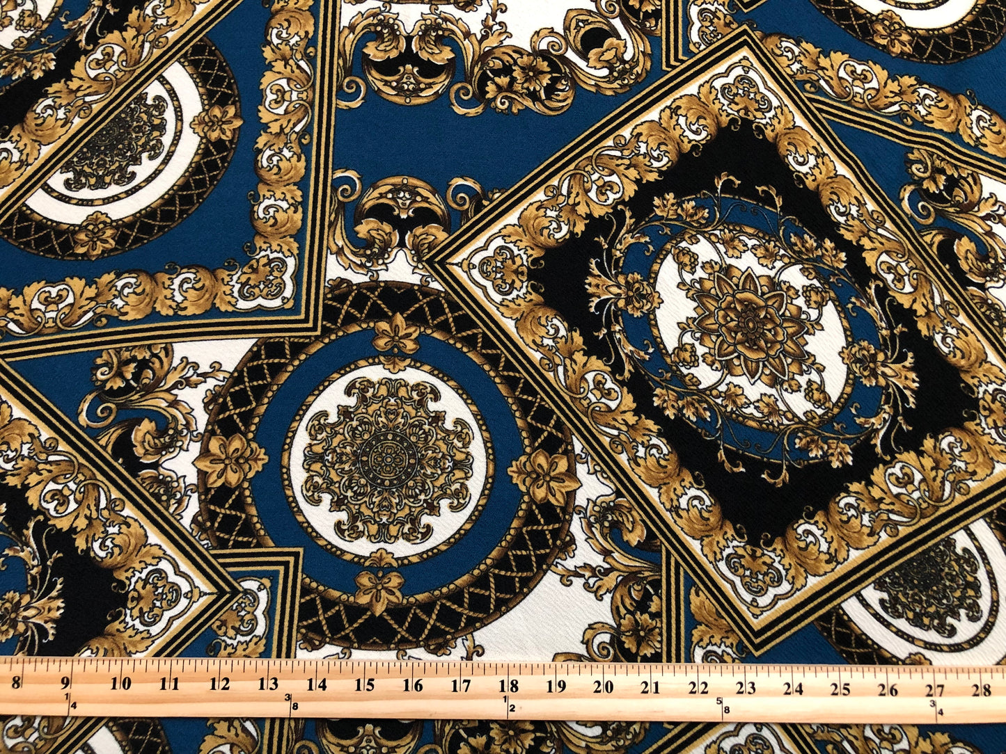 Liverpool Knit – Teal & Gold Baroque Medallion – 4-Way Stretch, 56” Wide, 200 GSM – Sold by the Yard (LVPR265)