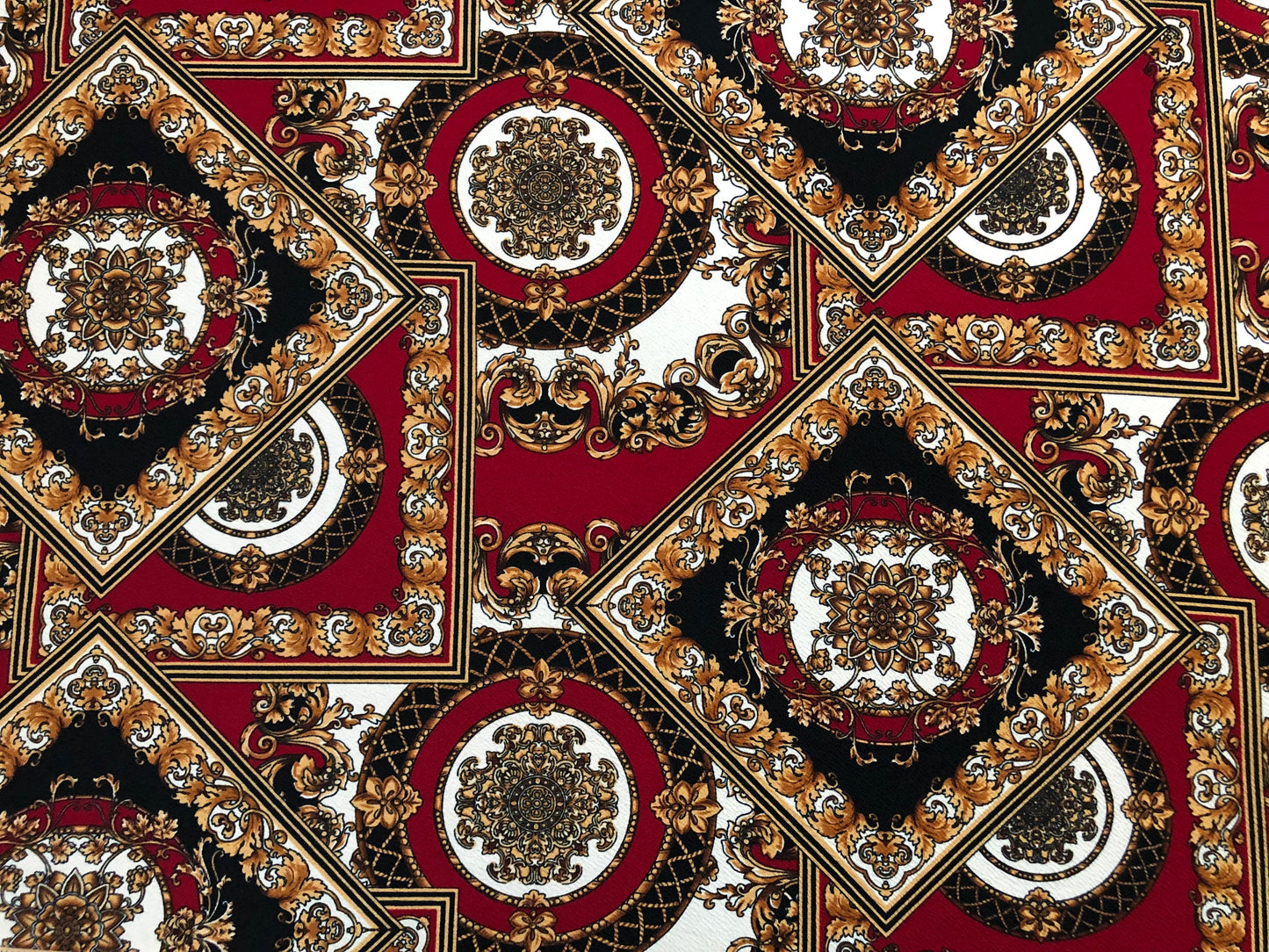 Liverpool Knit Printed Fabric-Red Black Gold Arabic Mosaics-LVPR266-Sold by the Yard-Apparel Fabric