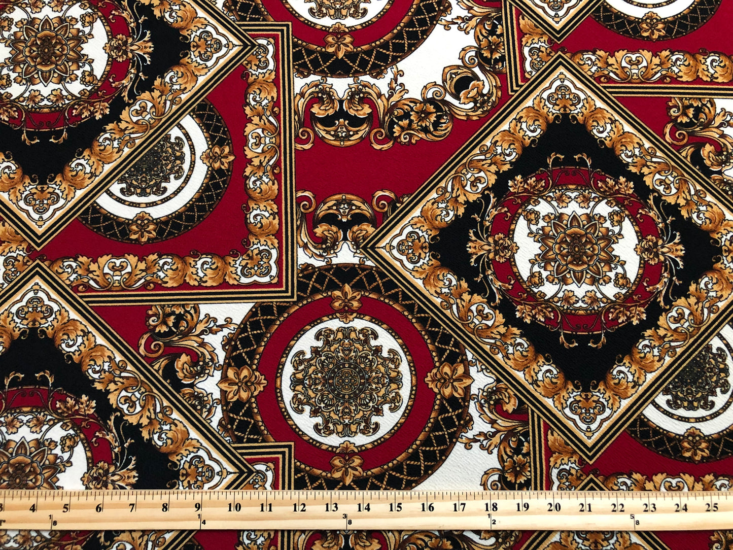 Liverpool Knit Printed Fabric-Red Black Gold Arabic Mosaics-LVPR266-Sold by the Yard-Apparel Fabric