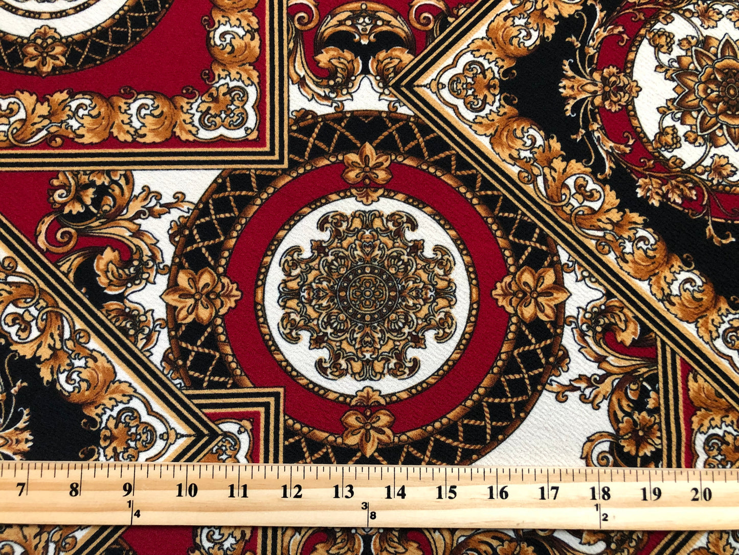 Liverpool Knit Printed Fabric-Red Black Gold Arabic Mosaics-LVPR266-Sold by the Yard-Apparel Fabric