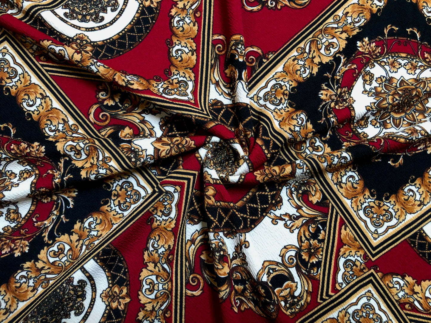 Liverpool Knit Printed Fabric-Red Black Gold Arabic Mosaics-LVPR266-Sold by the Yard-Apparel Fabric