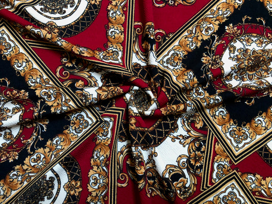 Liverpool Knit Printed Fabric-Red Black Gold Arabic Mosaics-LVPR266-Sold by the Yard-Apparel Fabric