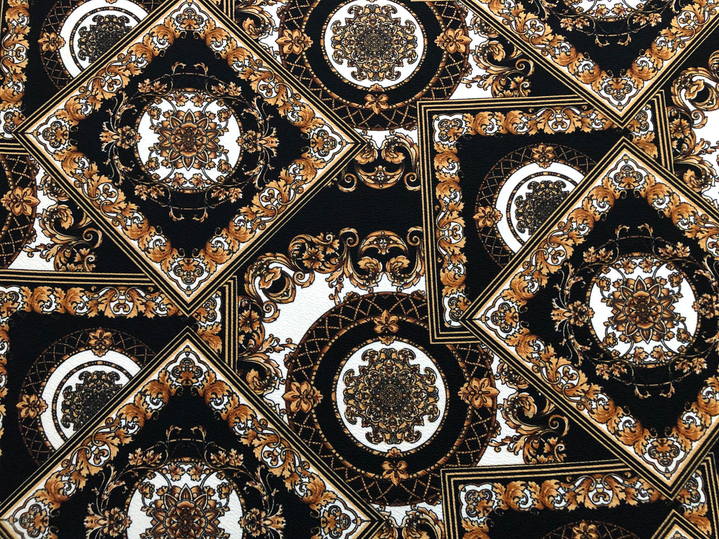 Liverpool Knit Printed Fabric-Black White Gold Arabic Mosaics-LVPR267-Sold by the Yard-Apparel Fabric