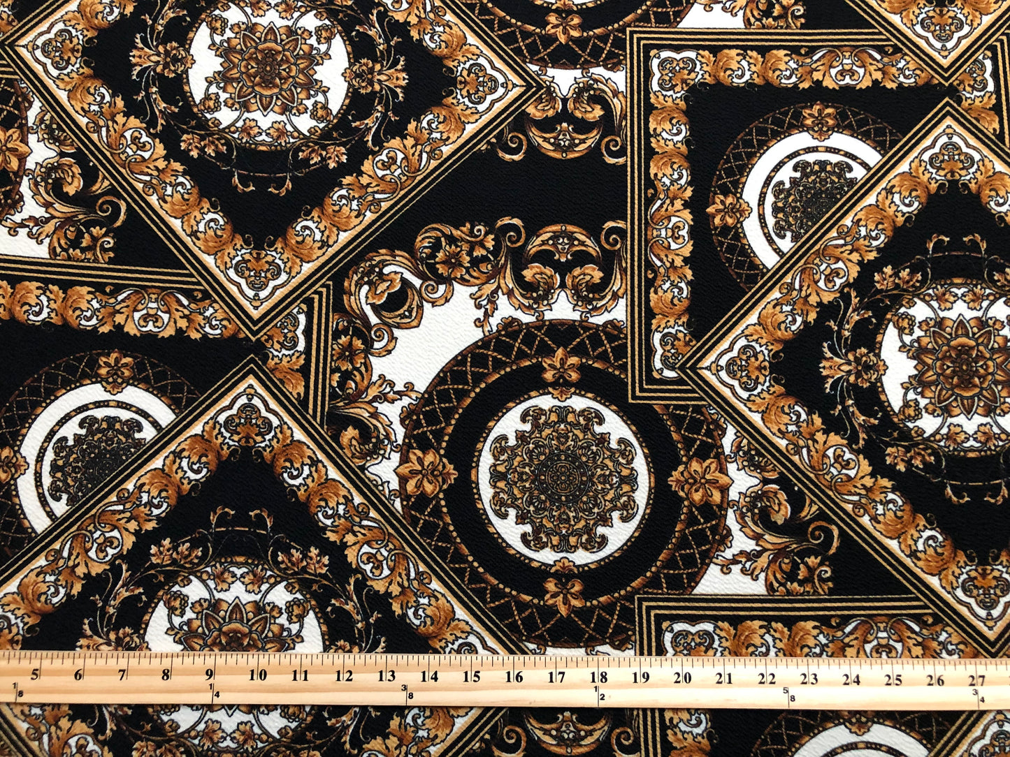 Liverpool Knit Printed Fabric-Black White Gold Arabic Mosaics-LVPR267-Sold by the Yard-Apparel Fabric