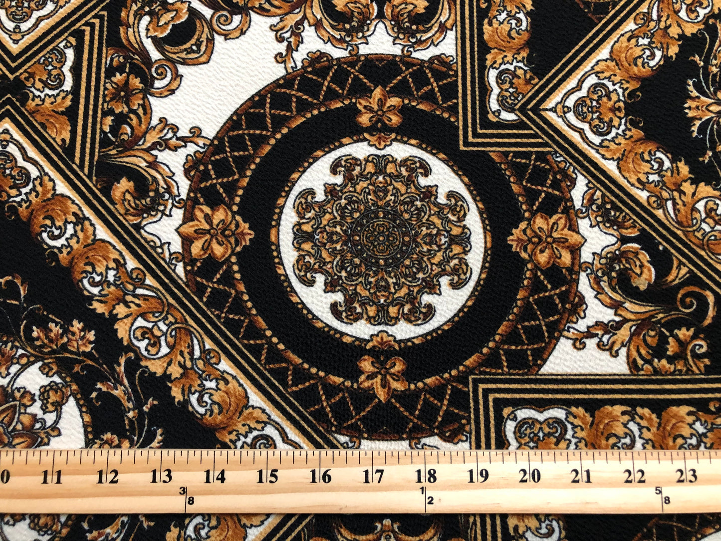 Liverpool Knit Printed Fabric-Black White Gold Arabic Mosaics-LVPR267-Sold by the Yard-Apparel Fabric