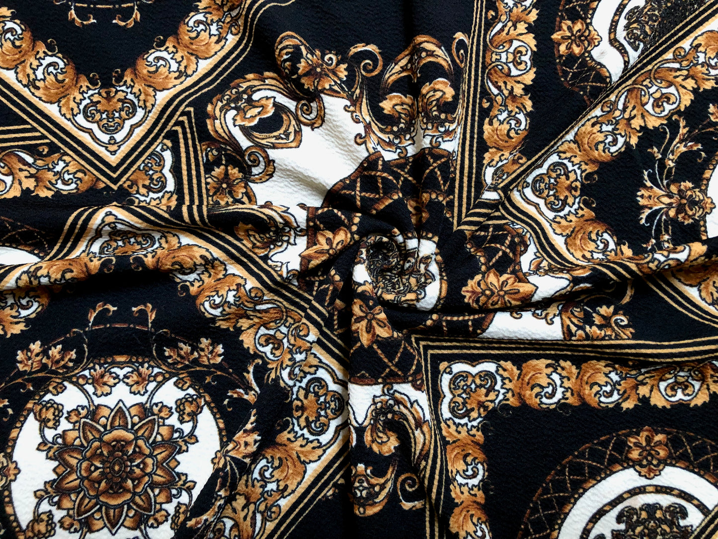 Liverpool Knit Printed Fabric-Black White Gold Arabic Mosaics-LVPR267-Sold by the Yard-Apparel Fabric