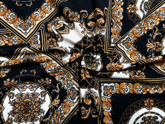 Liverpool Knit Printed Fabric-Black White Gold Arabic Mosaics-LVPR267-Sold by the Yard-Apparel Fabric