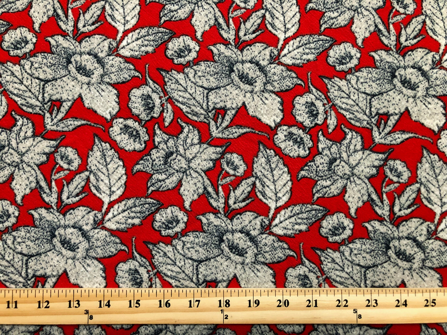Liverpool Knit Fabric – Red & Taupe Wild Rose Vintage Floral – 4-Way Stretch, 56” Wide, 200 GSM – Sold by the Yard (LVPR258)