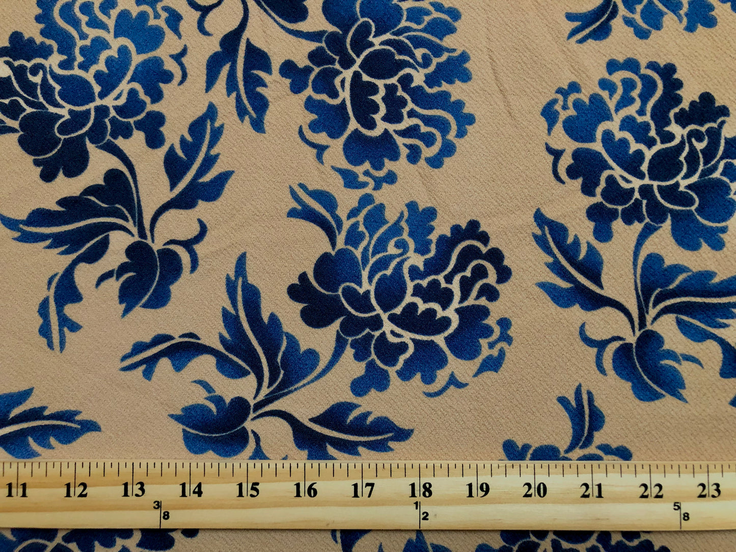 Liverpool Knit Fabric – Beige & Blue Cobalt Peony Floral – 4-Way Stretch, 56” Wide, 200 GSM – Sold by the Yard (LVPR256)