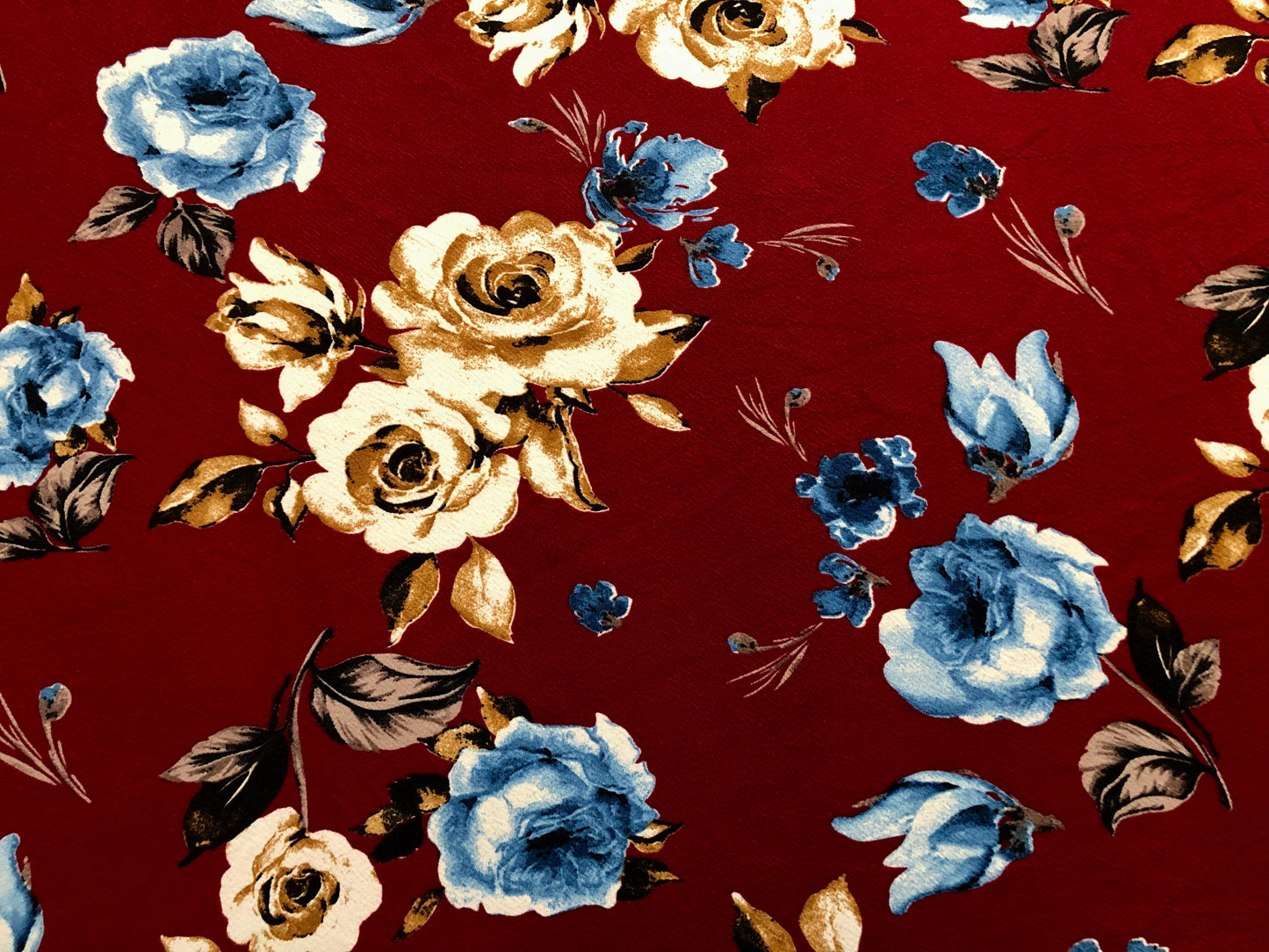 Liverpool Knit Printed Fabric-Burgundy Blue Brown Roses-LVPR281-Sold by the Yard-Apparel Fabric