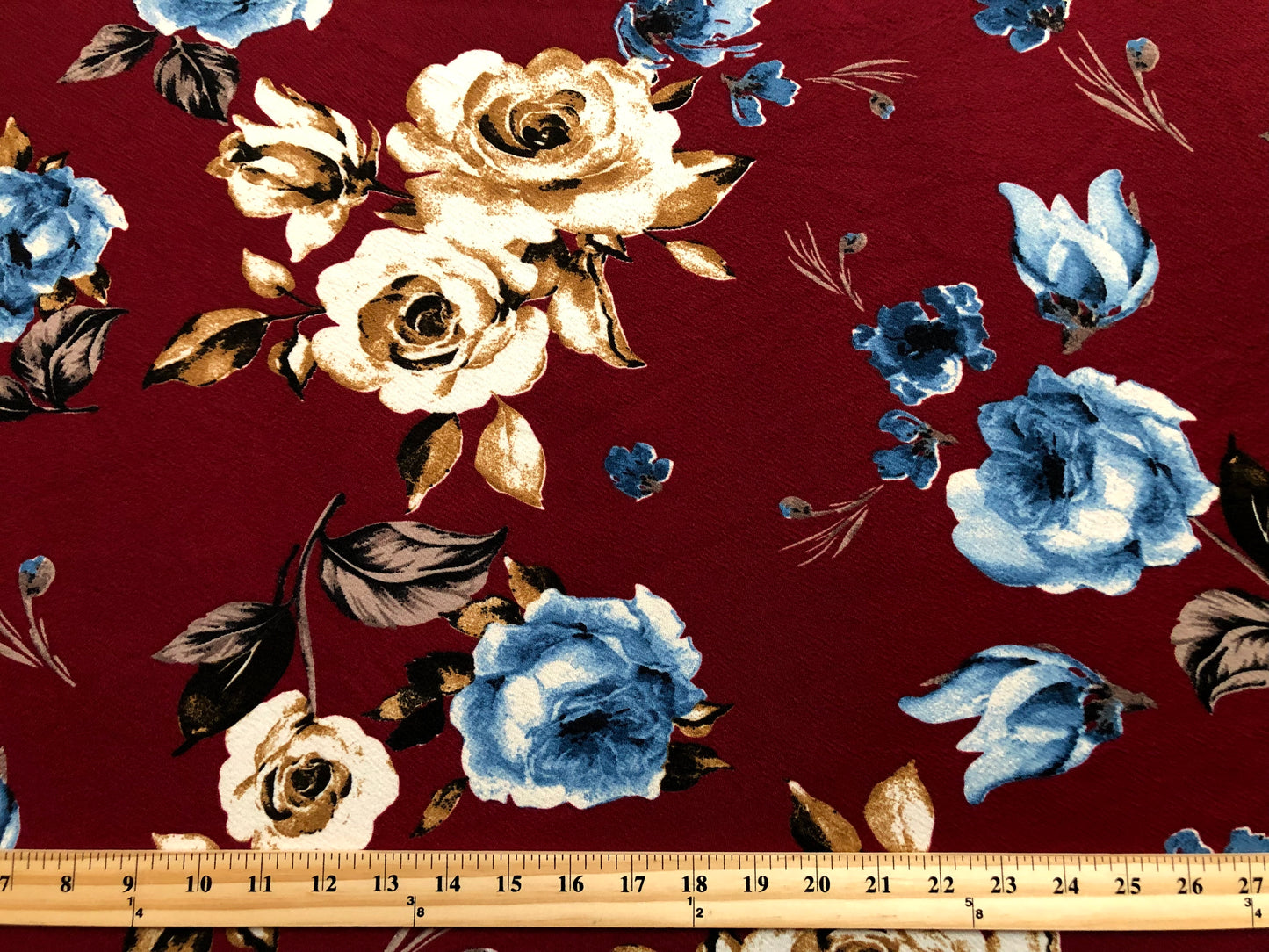 Liverpool Knit Printed Fabric-Burgundy Blue Brown Roses-LVPR281-Sold by the Yard-Apparel Fabric