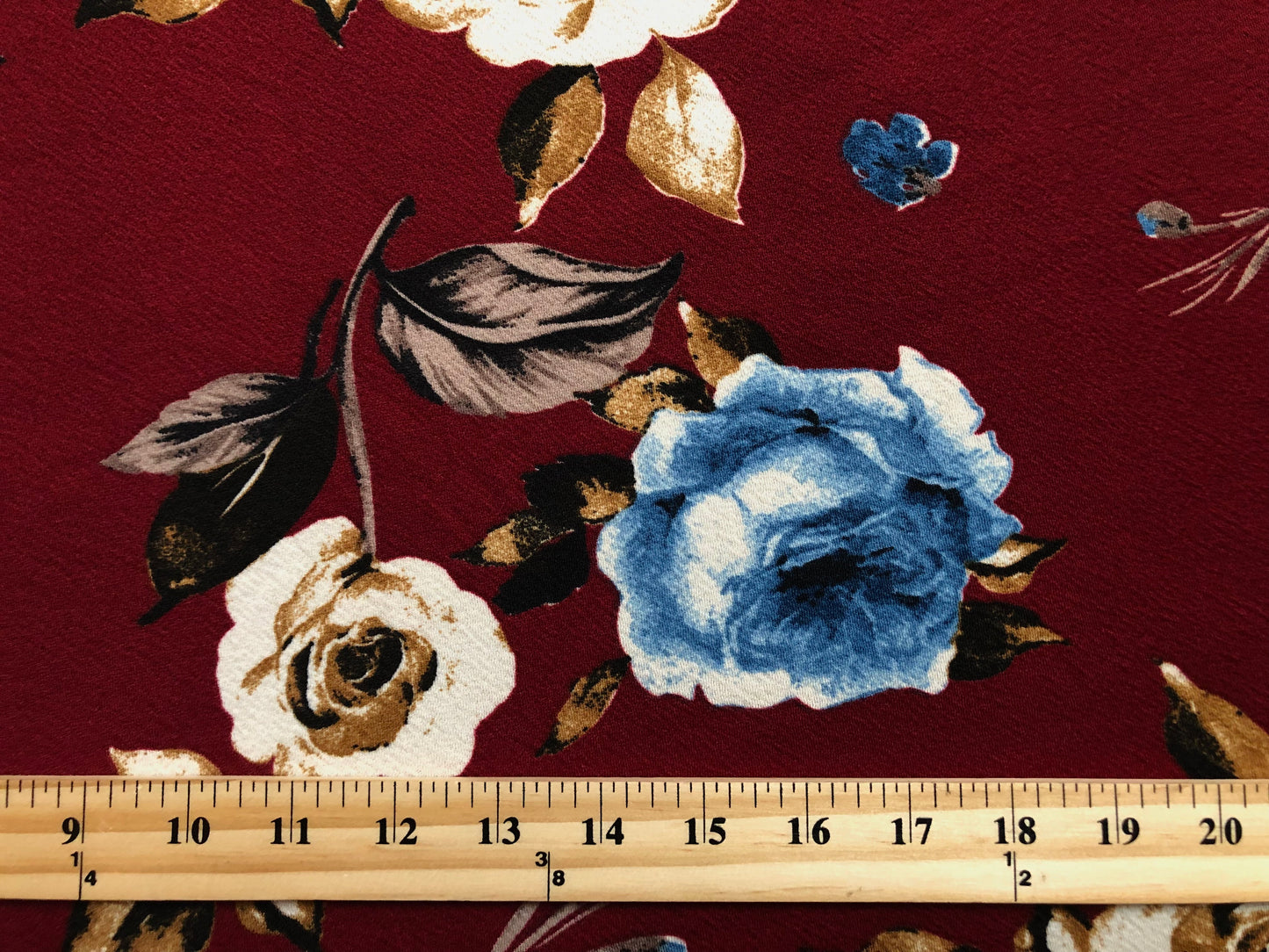 Liverpool Knit Printed Fabric-Burgundy Blue Brown Roses-LVPR281-Sold by the Yard-Apparel Fabric