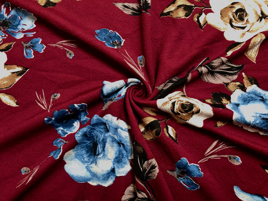 Liverpool Knit Printed Fabric-Burgundy Blue Brown Roses-LVPR281-Sold by the Yard-Apparel Fabric