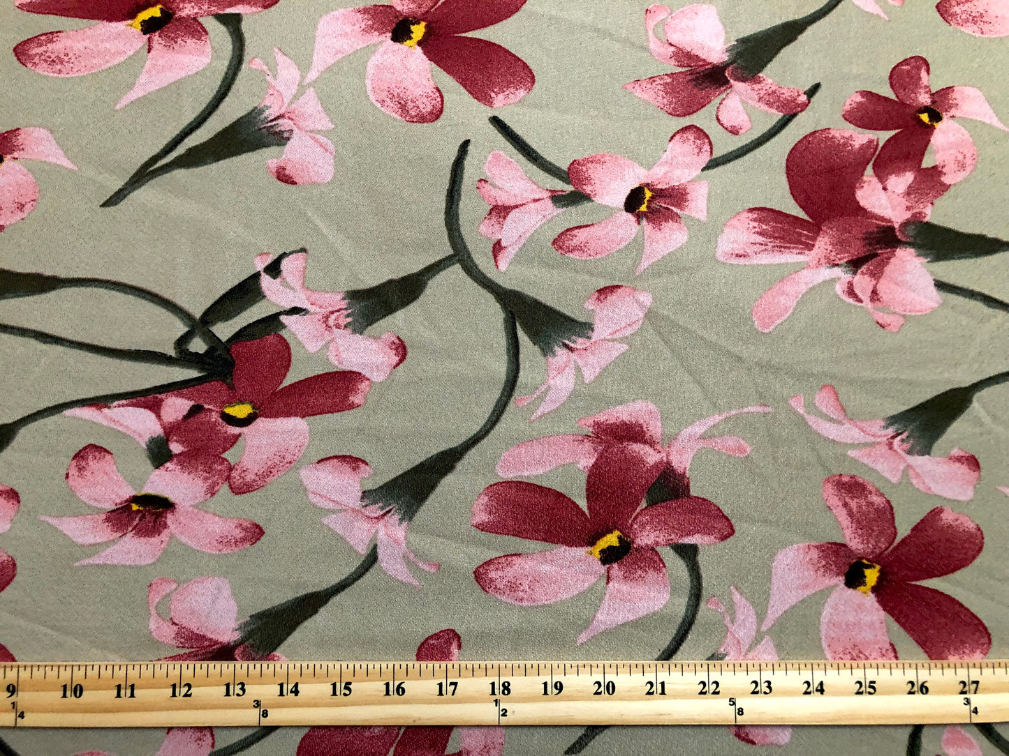 Liverpool Knit – Pink/Maroon/Yellow/Green Starflower Vines on Taupe – 4-Way Stretch, 56" Wide, 200 GSM – Sold by the Yard (LVPR282)
