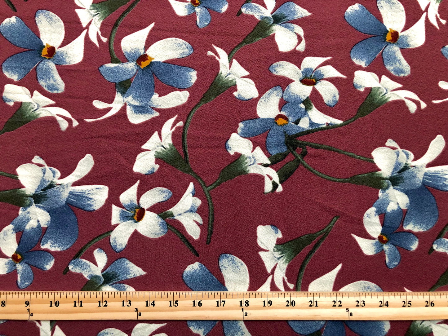 Liverpool Knit – Blue/Ivory/Yellow/Green Starflower Vines on Maroon – 4-Way Stretch, 56" Wide, 200 GSM – Sold by the Yard (LVPR283)
