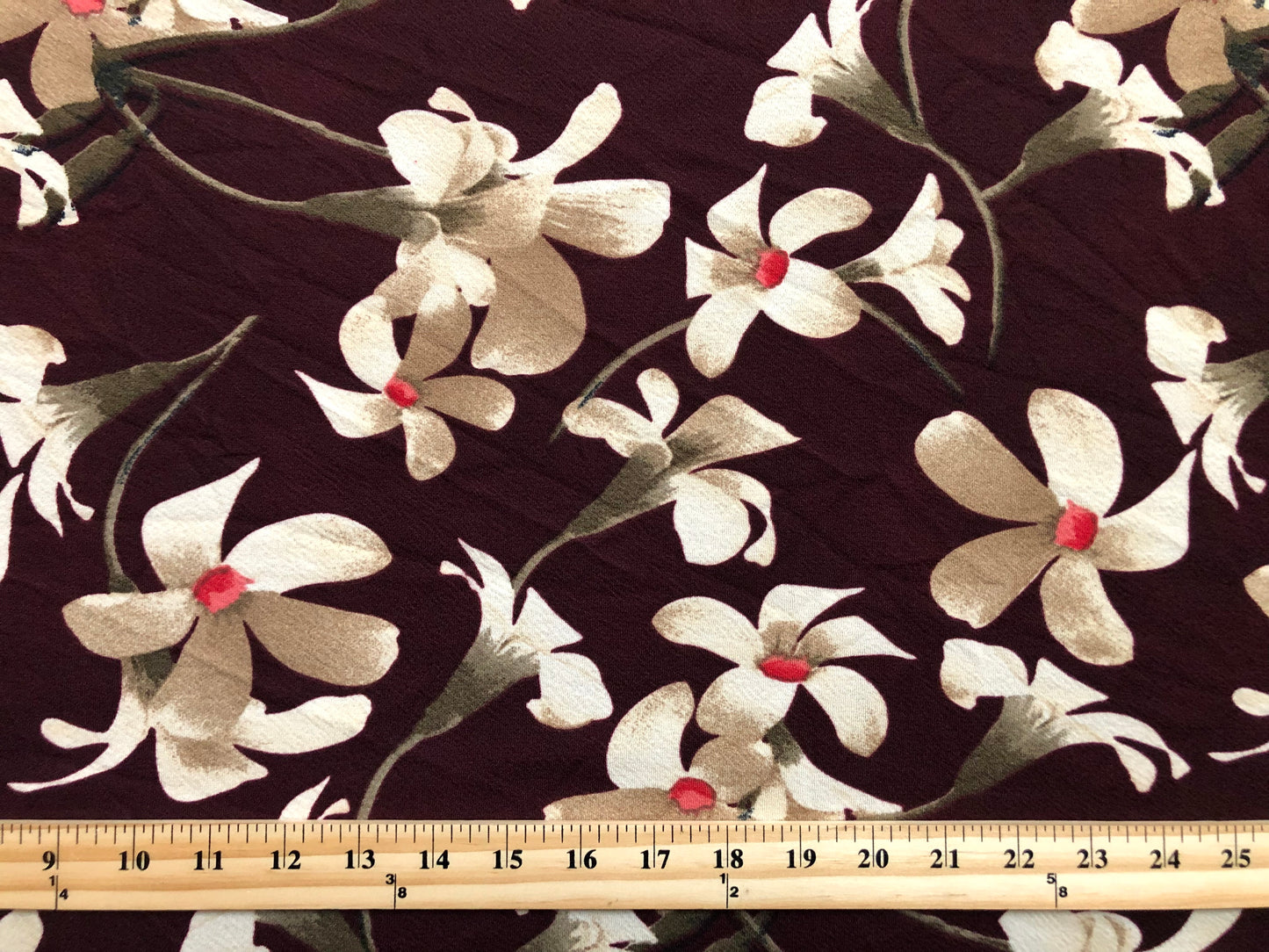Liverpool Knit – Taupe/Ivory/Red Starflower Vines on Burgundy – 4-Way Stretch, 56" Wide, 200 GSM – Sold by the Yard (LVPR284)