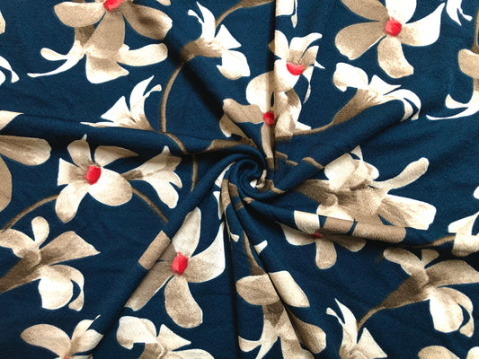 Liverpool Knit Printed Fabric-Teal Brown Flowers-LVPR266-Sold by the Yard-Apparel Fabric