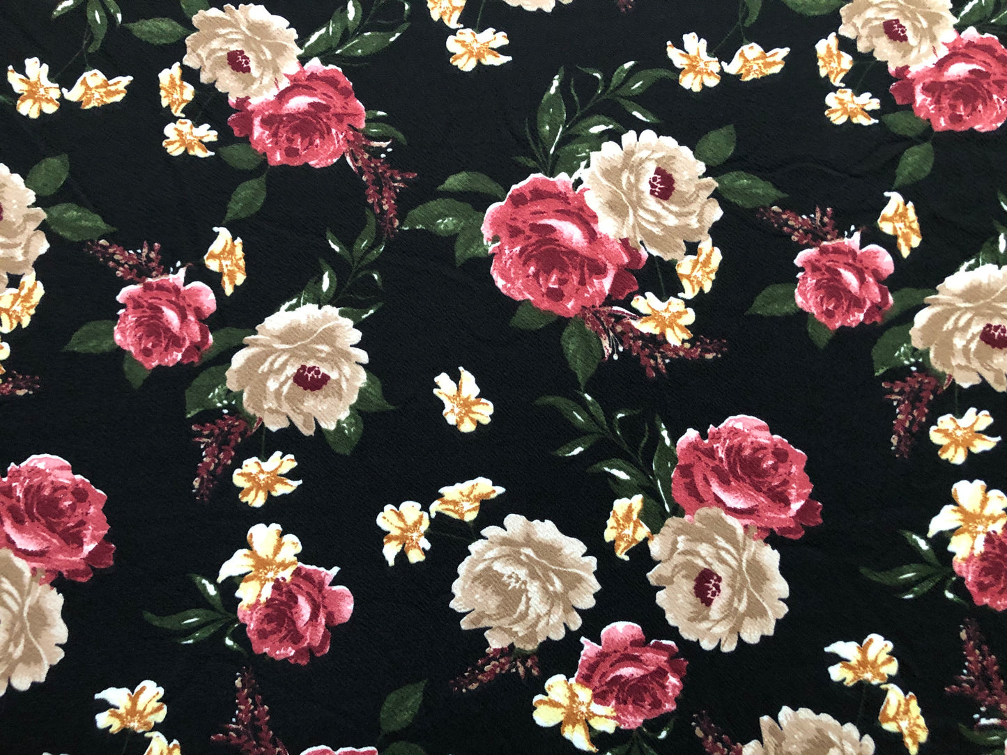 Liverpool Knit Printed Fabric-Black Brown Maroon Roses-LVPR280-Sold by the Yard-Apparel Fabric