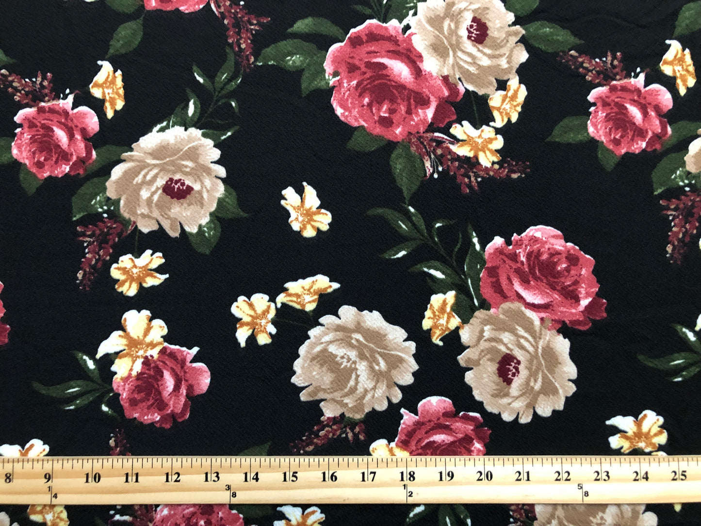 Liverpool Knit Printed Fabric-Black Brown Maroon Roses-LVPR280-Sold by the Yard-Apparel Fabric