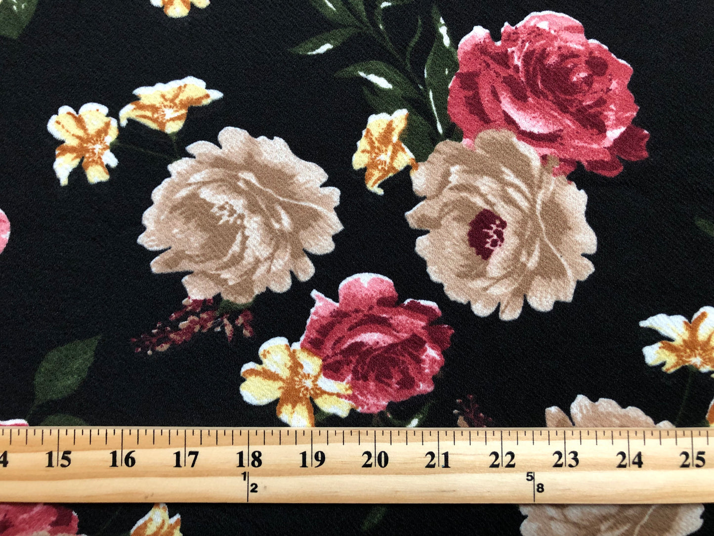 Liverpool Knit Printed Fabric-Black Brown Maroon Roses-LVPR280-Sold by the Yard-Apparel Fabric