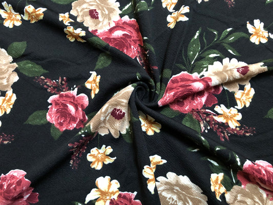 Liverpool Knit Printed Fabric-Black Brown Maroon Roses-LVPR280-Sold by the Yard-Apparel Fabric