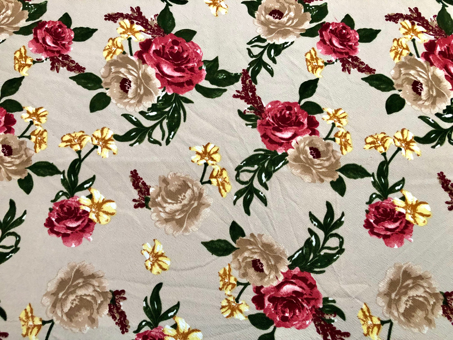 Liverpool Knit Printed Fabric-Beige Brown Red Roses-LVPR277-Sold by the Yard-Apparel Fabric