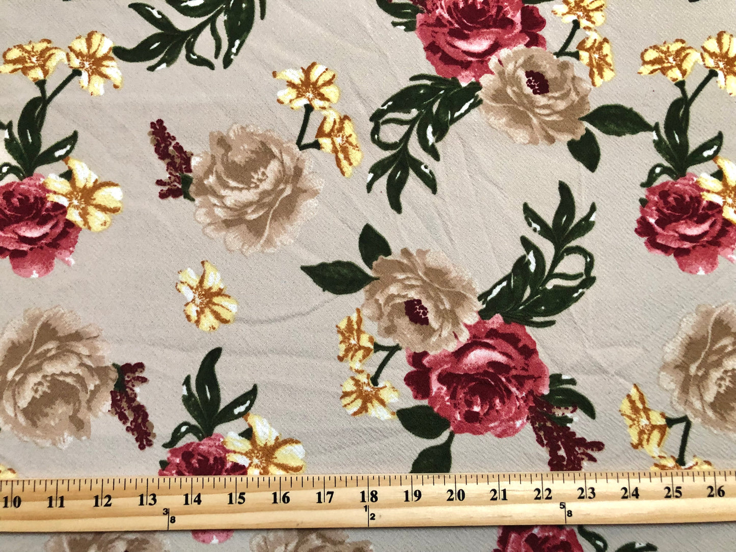 Liverpool Knit Printed Fabric-Beige Brown Red Roses-LVPR277-Sold by the Yard-Apparel Fabric