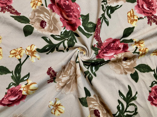 Liverpool Knit Printed Fabric-Beige Brown Red Roses-LVPR277-Sold by the Yard-Apparel Fabric