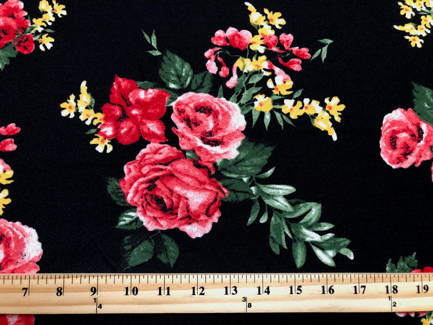 Liverpool Knit – Rose/Red/Yellow/Green Midnight Rose Bouquet on Black – 4-Way Stretch, 56" Wide, 200 GSM – Sold by the Yard (LVPR276)