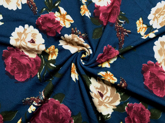 Liverpool Knit Printed Fabric-Dark Teal Purple Roses-LVPR278-Sold by the Yard-Apparel Fabric