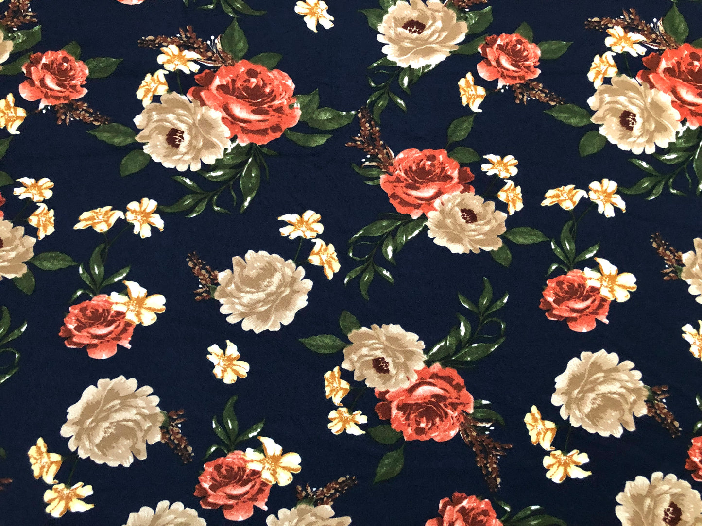 Liverpool Knit Printed Fabric-Navy Blue Brown Red Roses-LVPR279-Sold by the Yard-Apparel Fabric